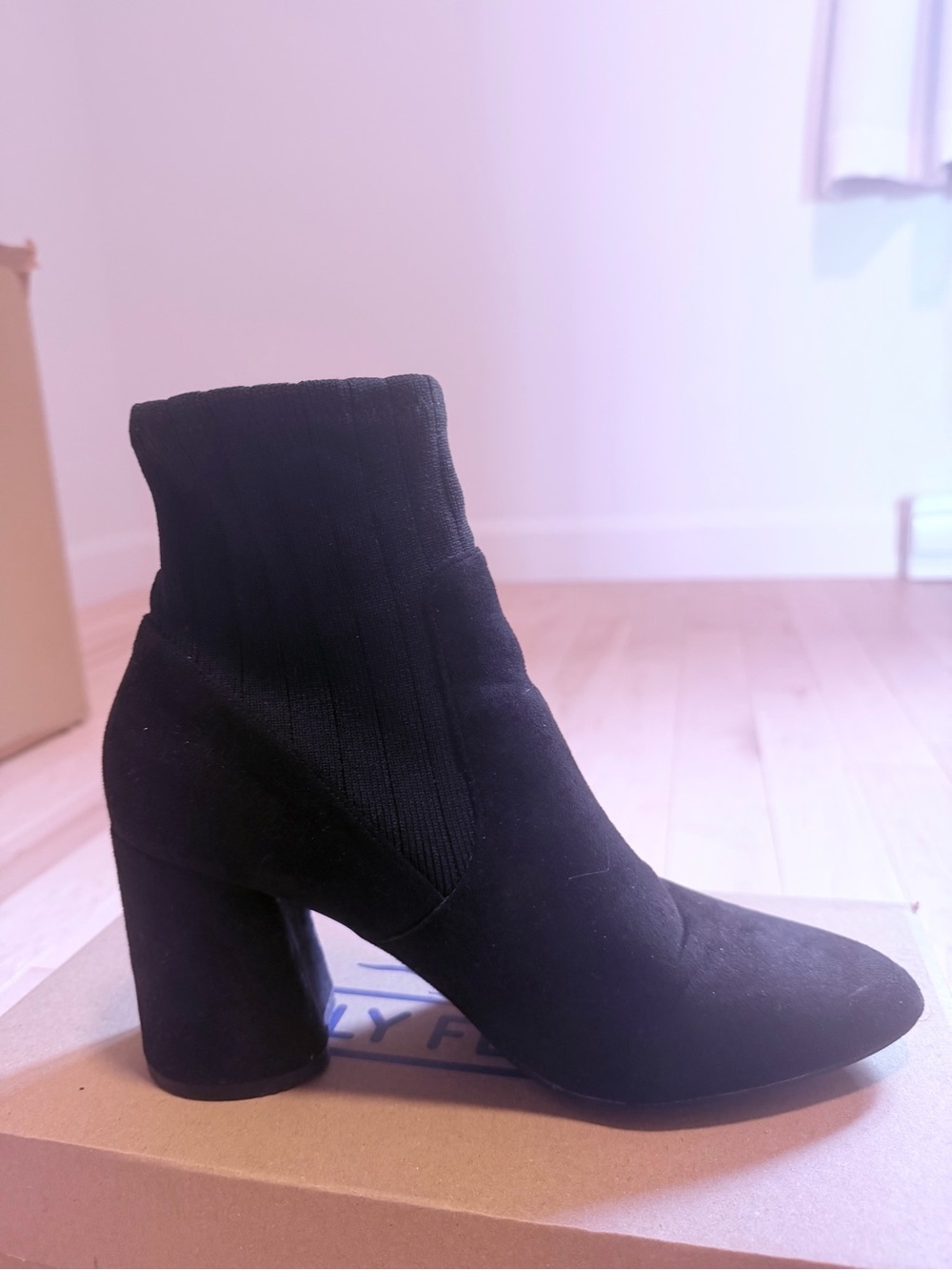 Black Suede Ribbed Sock Ankle Boots Block Heel Size 9/39